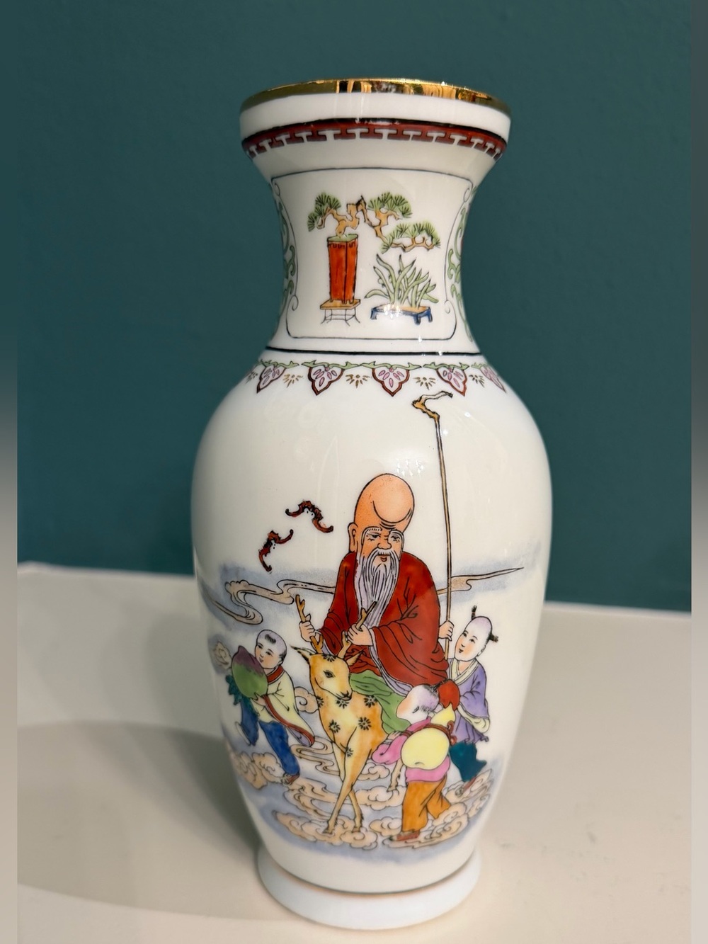 Vintage Chinese Porcelain Vase Longevity Figure, Deer & Cranes 8” Chinoiserie